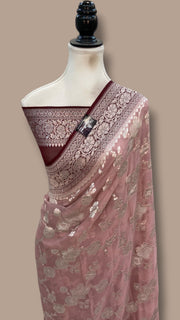 Onion Pink with Brown Khaddi Georgette Banarasi Saree - The Handlooms