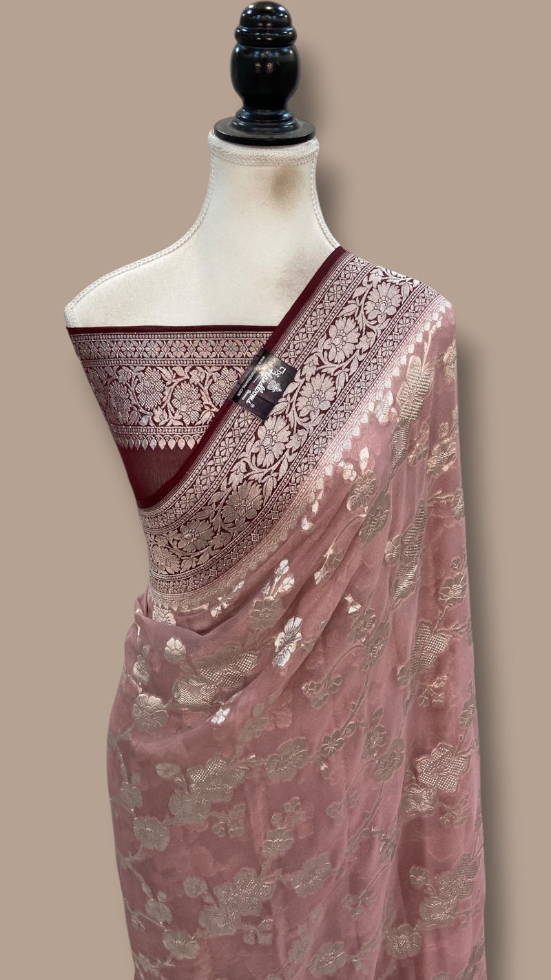 Onion Pink with Brown Khaddi Georgette Banarasi Saree - The Handlooms