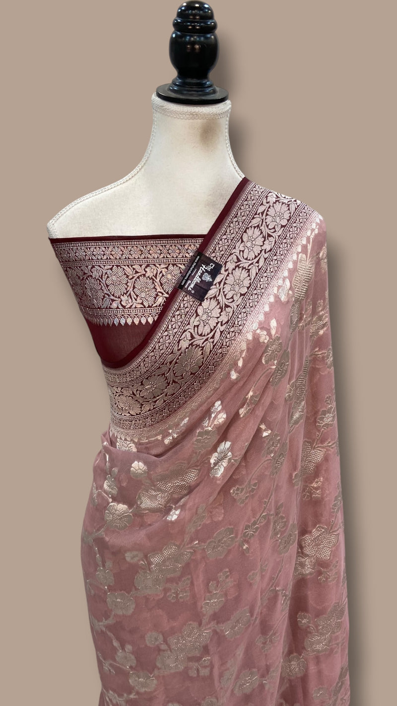 Onion Pink with Brown Khaddi Georgette Banarasi Saree - The Handlooms