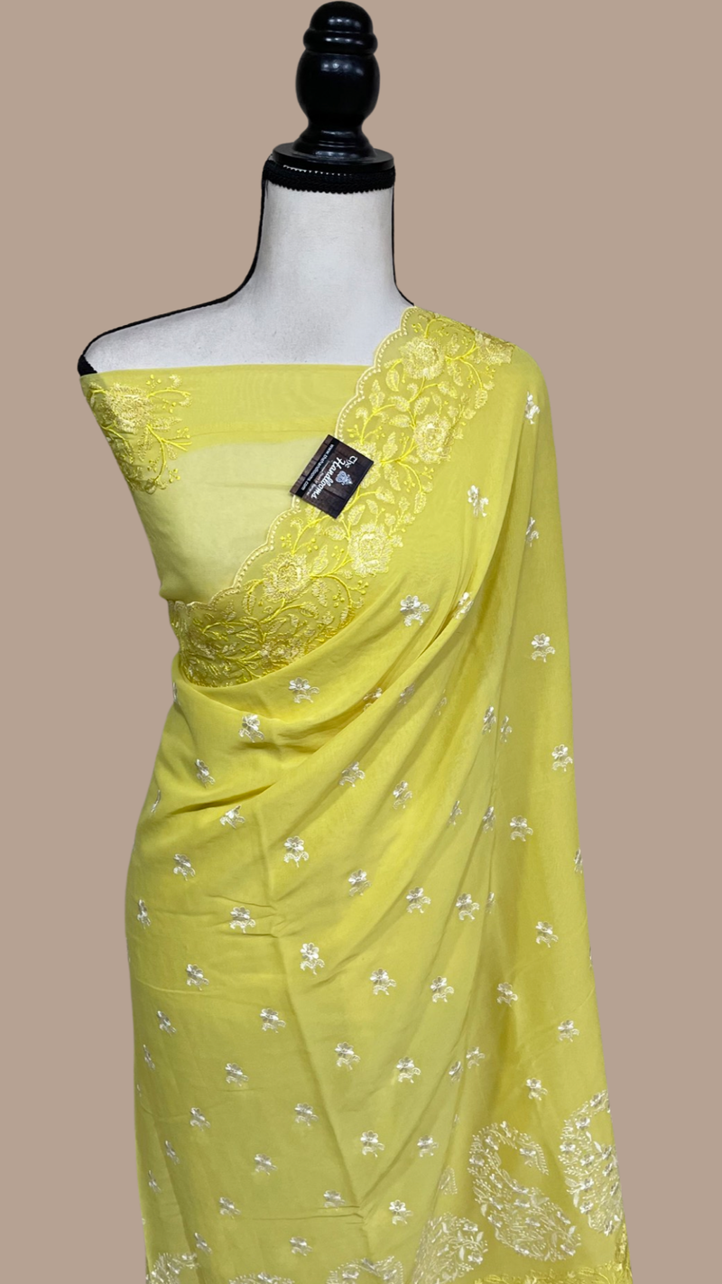 Pure Georgette Chikankari Handloom Banarasi Saree - The Handlooms