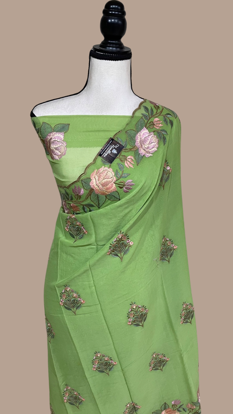 Pure Georgette Chikankari Handloom Banarasi Saree - The Handlooms