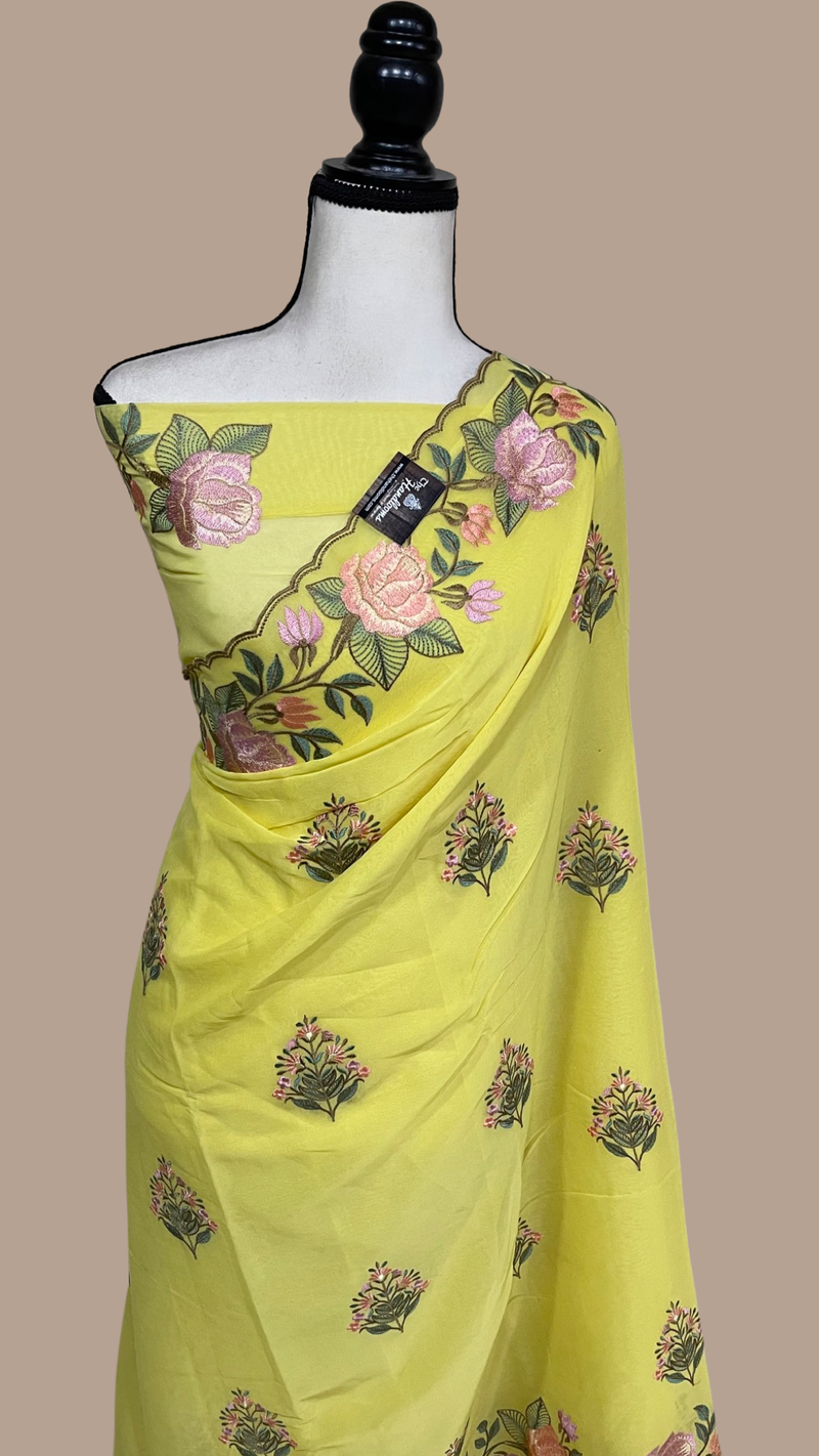 Pure Georgette Chikankari Handloom Banarasi Saree - The Handlooms