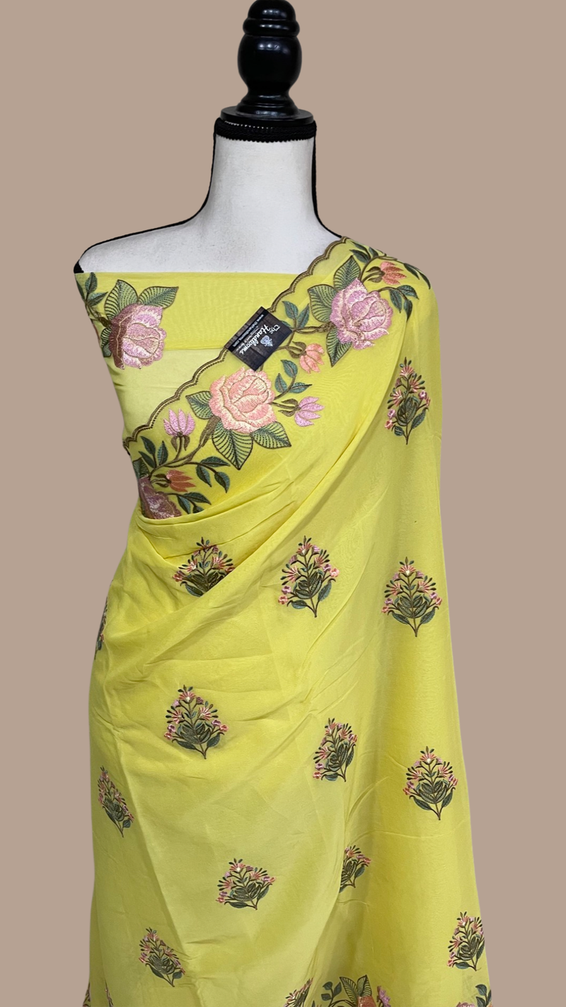 Pure Georgette Chikankari Handloom Banarasi Saree - The Handlooms