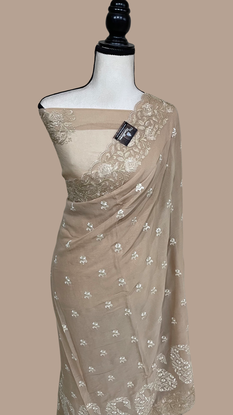 Pure Georgette Chikankari Handloom Banarasi Saree - The Handlooms