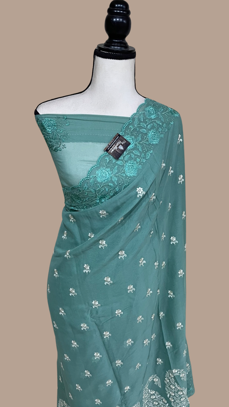 Pure Georgette Chikankari Handloom Banarasi Saree - The Handlooms