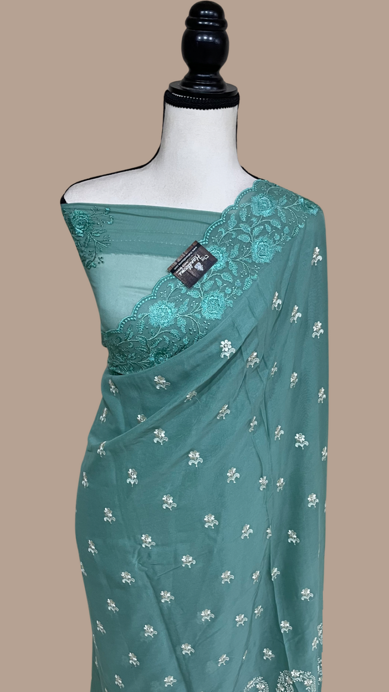 Pure Georgette Chikankari Handloom Banarasi Saree - The Handlooms