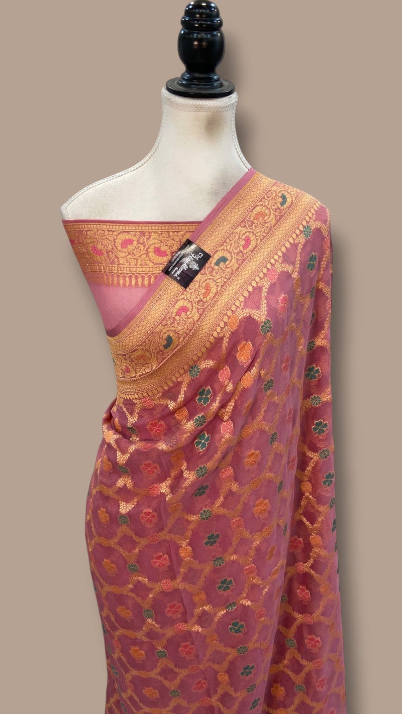 Khaddi Georgette Handloom Banarasi Saree - Gold Zari - The Handlooms
