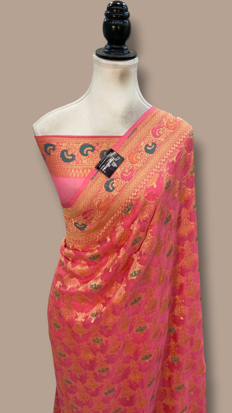 Khaddi Georgette Handloom Banarasi Saree - Gold Zari - The Handlooms