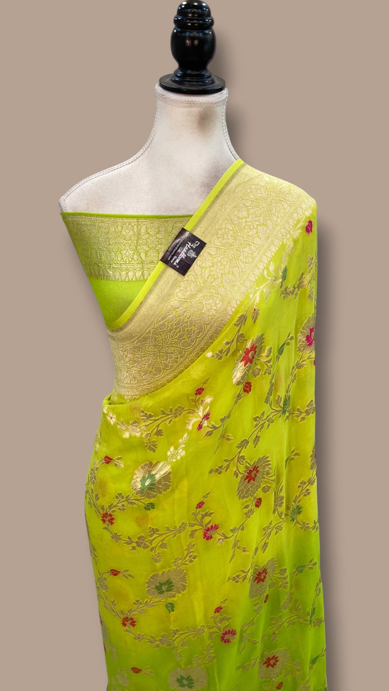 Yellow Khaddi Georgette Handloom Banarasi Saree - All over Jaal Work with meenakari - The Handlooms