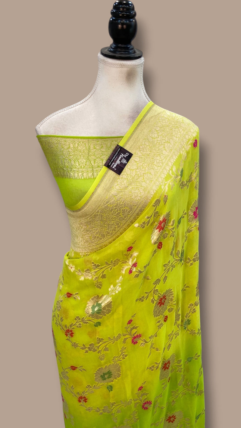 Yellow Khaddi Georgette Handloom Banarasi Saree - All over Jaal Work with meenakari - The Handlooms