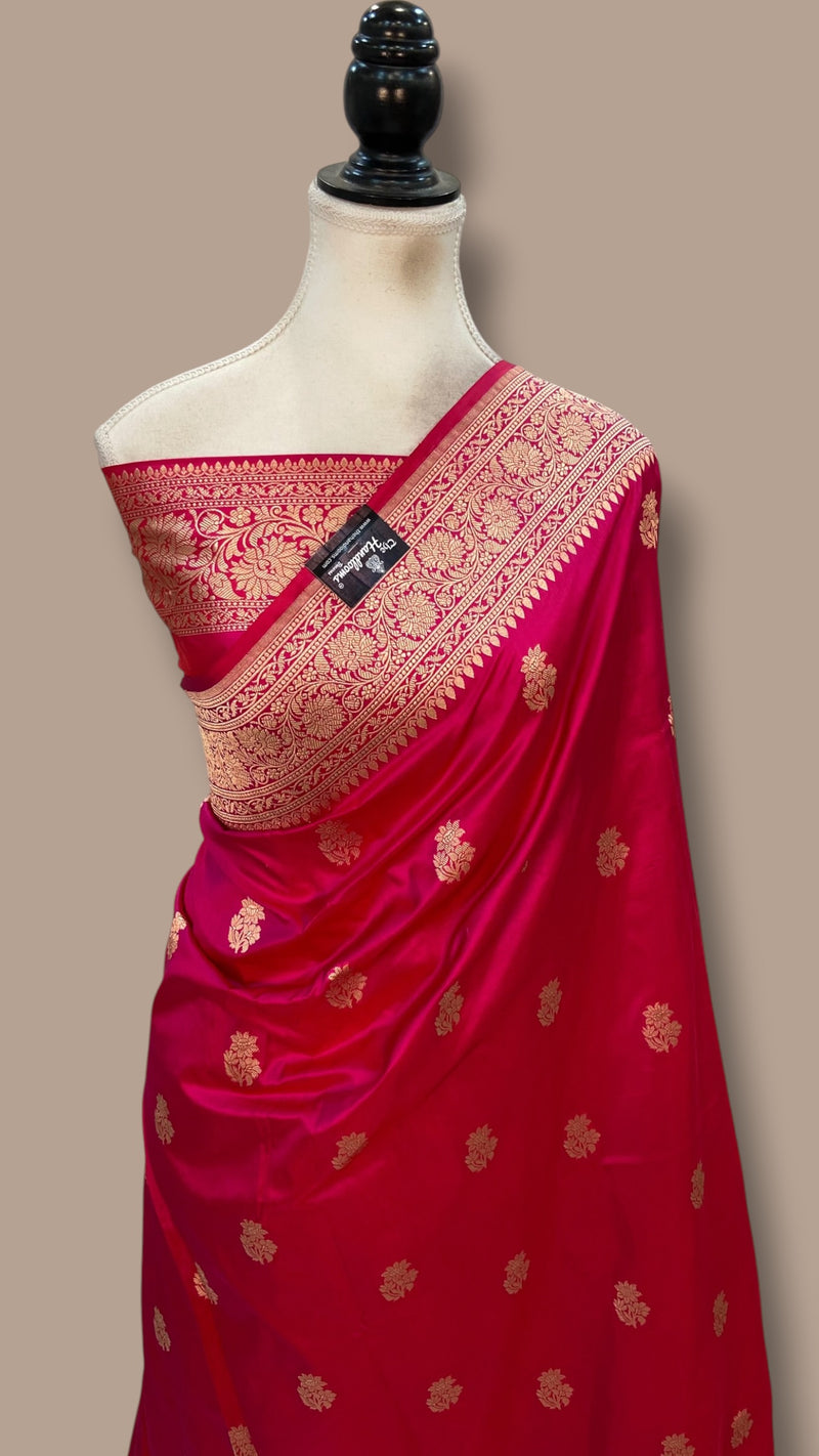 Hot Pink Pure Katan Silk Banarasi Handloom Saree - All Over Motifs Work - The Handlooms