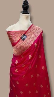 Hot Pink Pure Katan Silk Banarasi Handloom Saree - All Over Motifs Work - The Handlooms