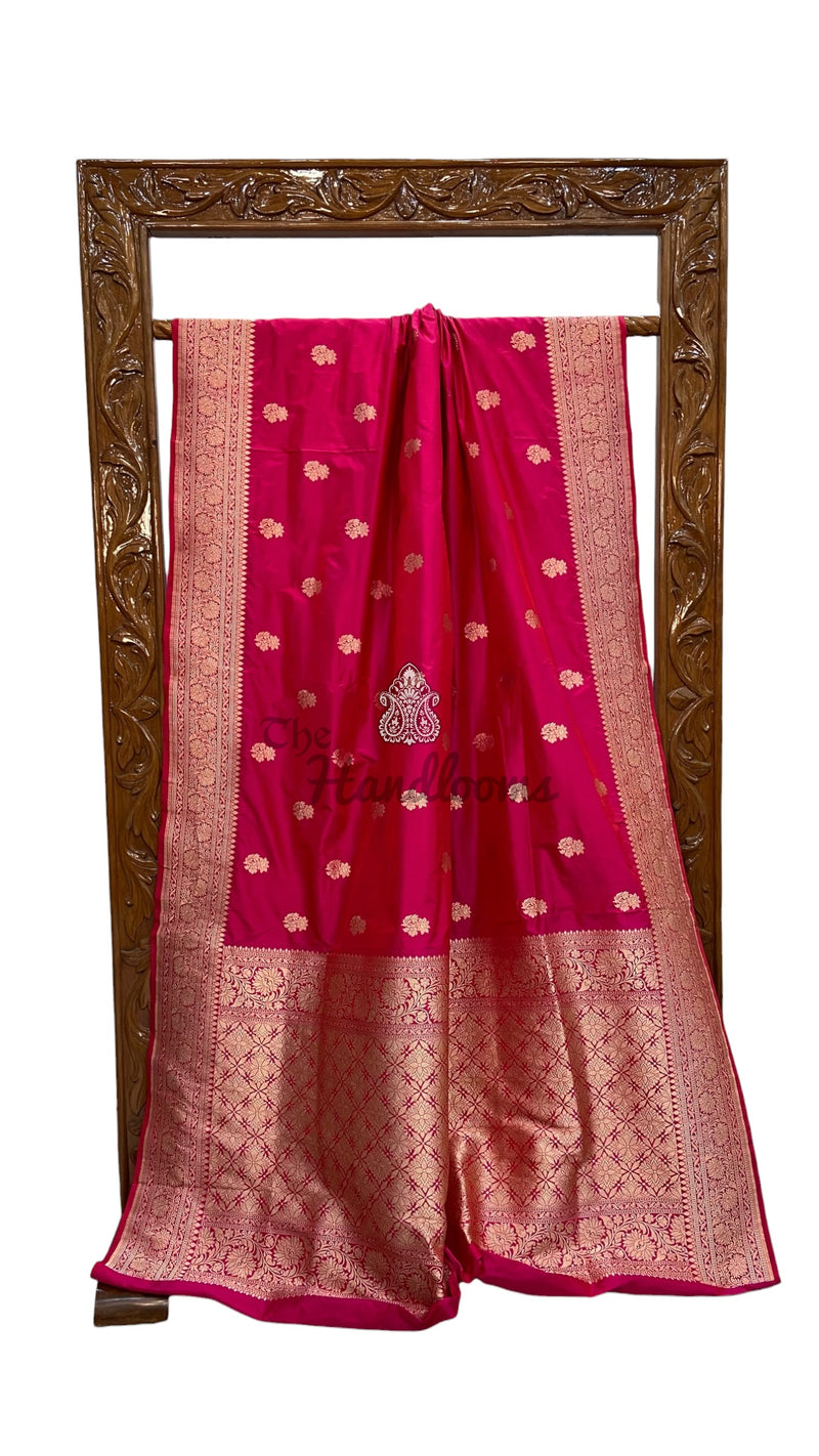 Hot Pink Pure Katan Silk Banarasi Handloom Saree - All Over Motifs Work - The Handlooms