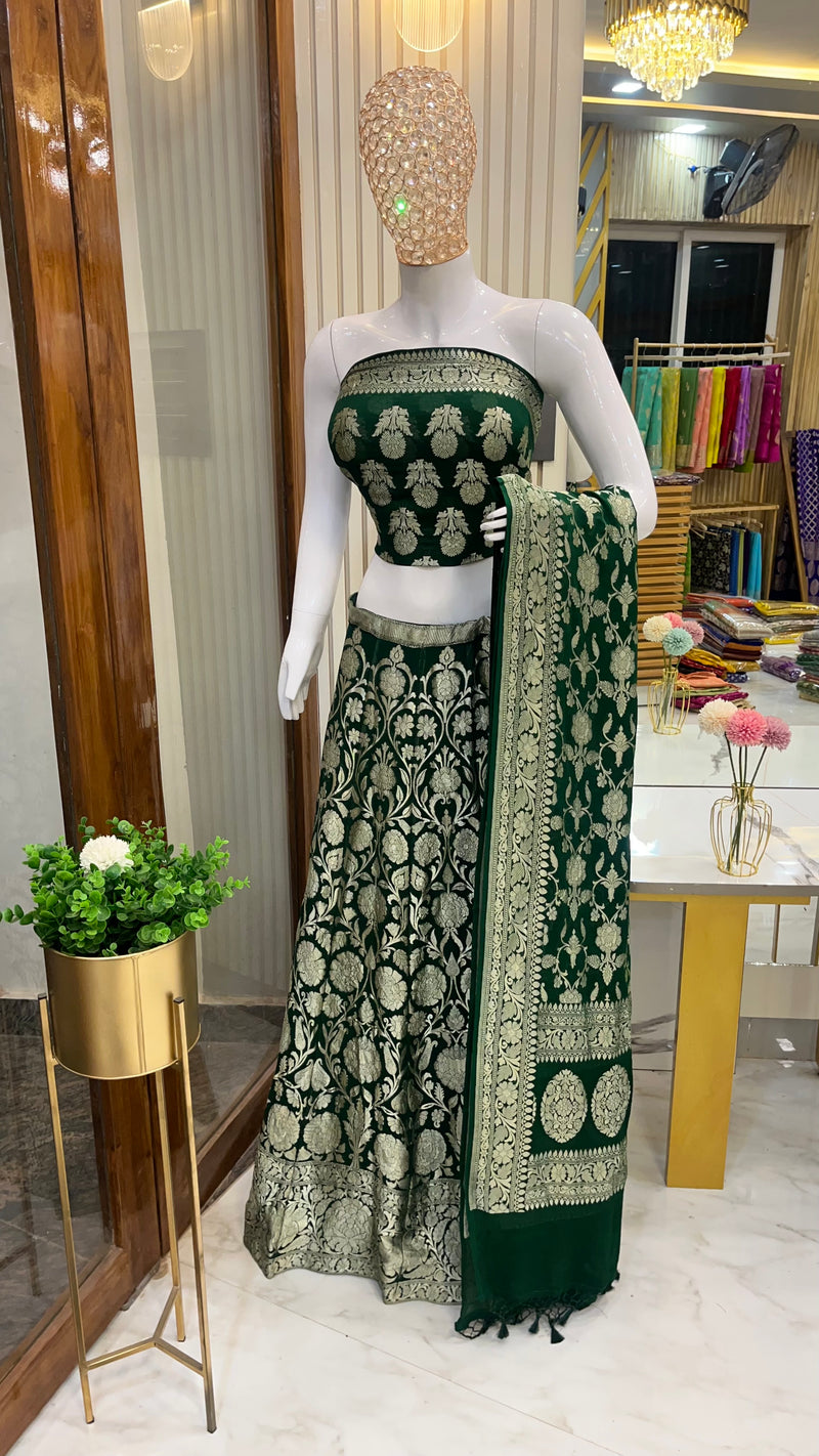 Pure Khaddi Georgette Handloom Banarasi Lehenga - Stitched - The Handlooms