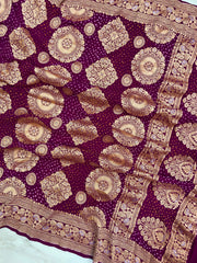 Pure Georgette Banarasi Bandhej Handloom Dupatta - All Over Sona Roopa Jaal Work - The Handlooms