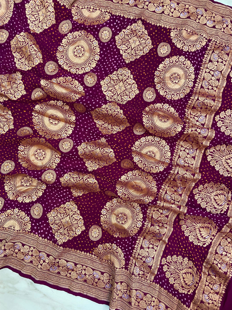 Pure Georgette Banarasi Bandhej Handloom Dupatta - All Over Sona Roopa Jaal Work - The Handlooms