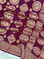 Pure Georgette Banarasi Bandhej Handloom Dupatta - All Over Sona Roopa Jaal Work - The Handlooms