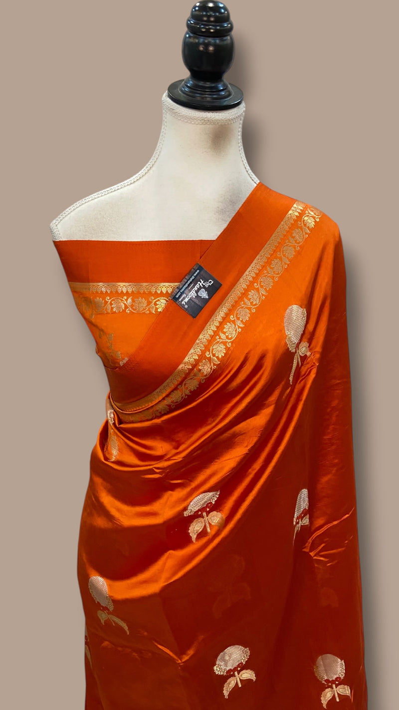Orange Pure Mango Silk Banarasi Handloom Saree