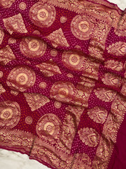 Pure Georgette Banarasi Bandhej Handloom Dupatta - All Over Sona Roopa Jaal Work - The Handlooms