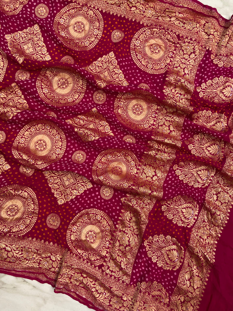 Pure Georgette Banarasi Bandhej Handloom Dupatta - All Over Sona Roopa Jaal Work - The Handlooms