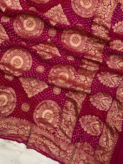 Pure Georgette Banarasi Bandhej Handloom Dupatta - All Over Sona Roopa Jaal Work - The Handlooms