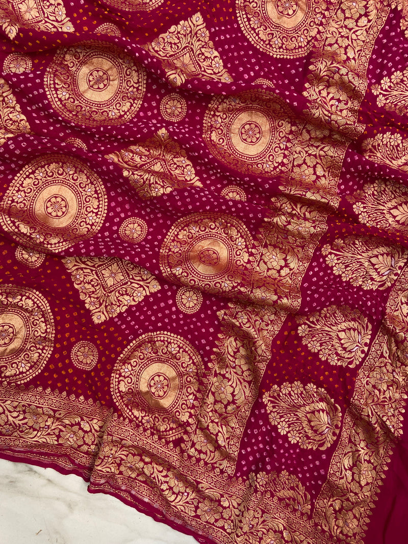 Pure Georgette Banarasi Bandhej Handloom Dupatta - All Over Sona Roopa Jaal Work - The Handlooms