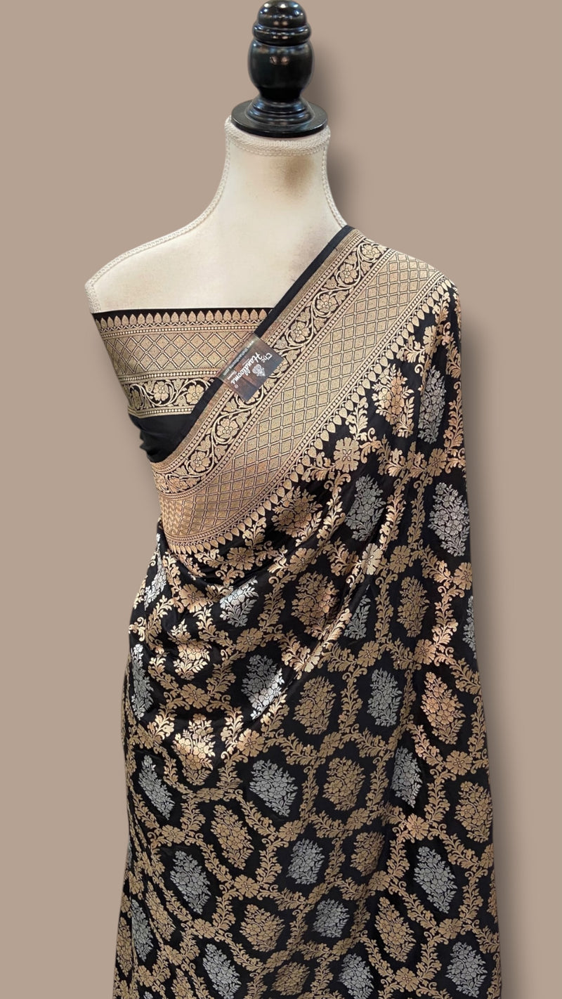 Nita Ambani Black Pure Katan Silk Banarasi Handloom Saree - All Over Sona Roopa Jaal Work