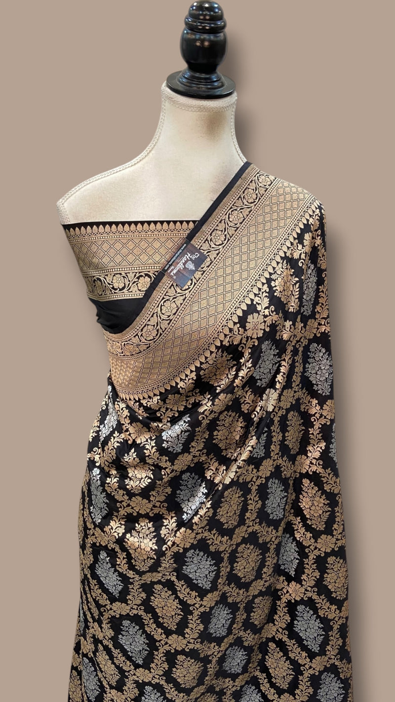 Nita Ambani Black Pure Katan Silk Banarasi Handloom Saree - All Over Sona Roopa Jaal Work