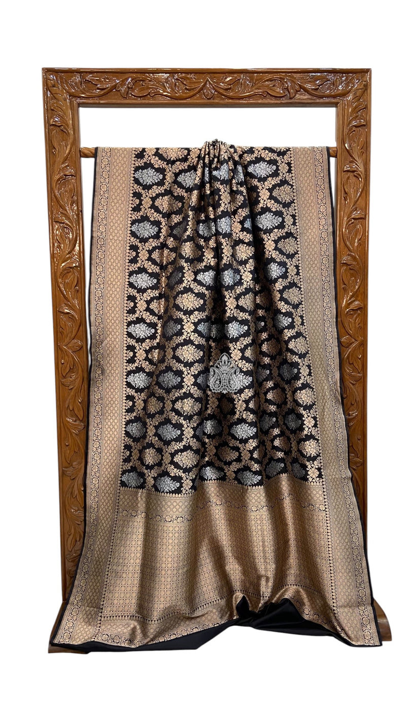 Nita Ambani Black Pure Katan Silk Banarasi Handloom Saree - All Over Sona Roopa Jaal Work