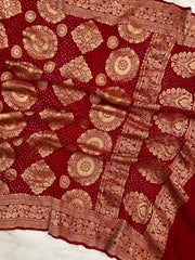 Pure Georgette Banarasi Bandhej Handloom Dupatta - All Over Sona Roopa Jaal Work - The Handlooms