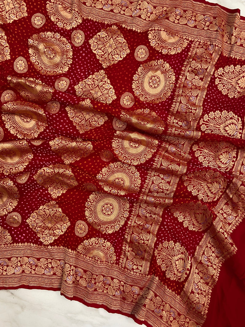 Pure Georgette Banarasi Bandhej Handloom Dupatta - All Over Sona Roopa Jaal Work - The Handlooms