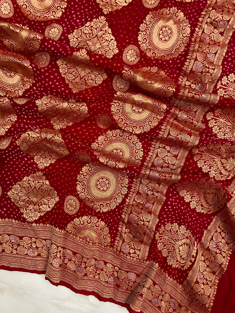 Pure Georgette Banarasi Bandhej Handloom Dupatta - All Over Sona Roopa Jaal Work - The Handlooms