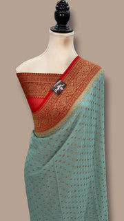 Pista Green Khadki Georgette Handloom Banarasi Saree - The Handlooms