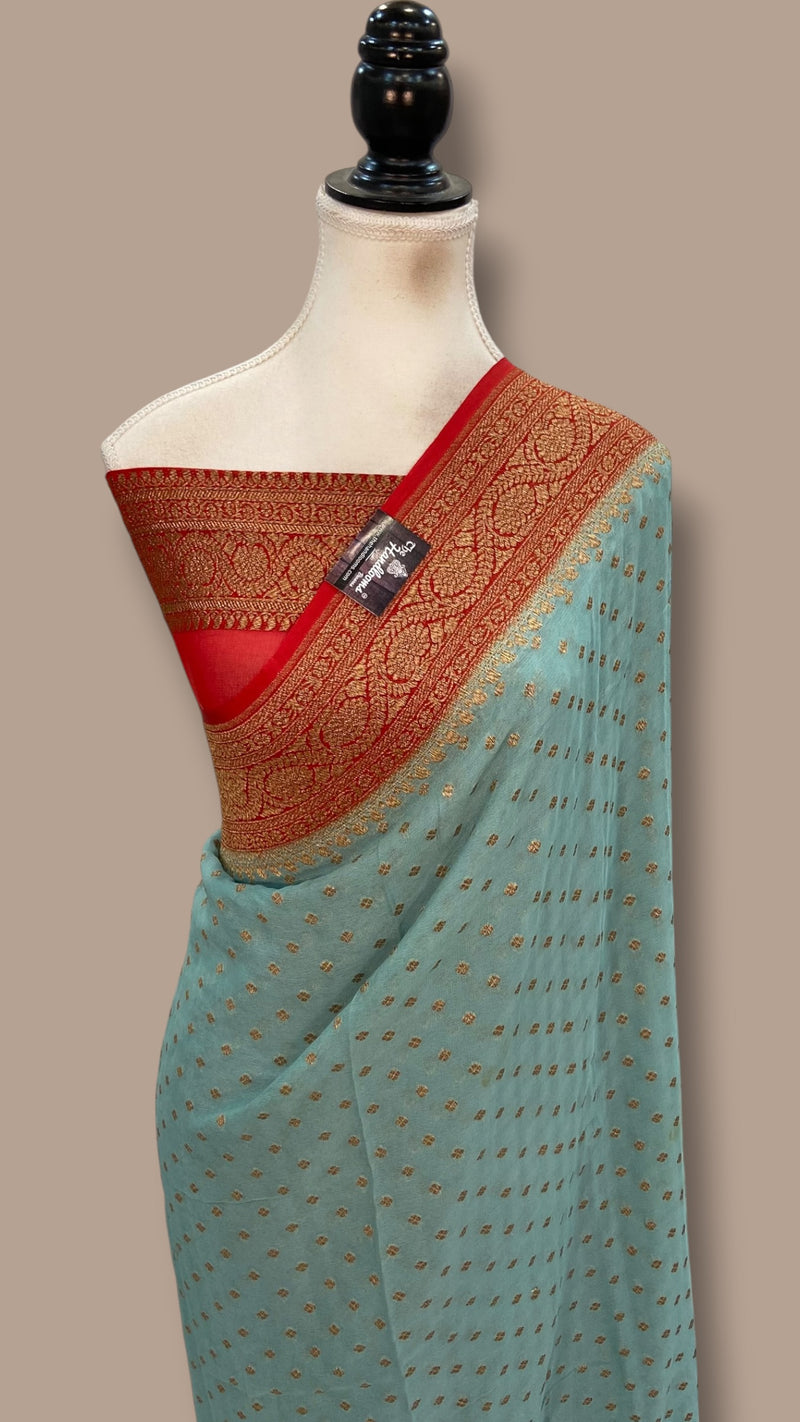 Pista Green Khadki Georgette Handloom Banarasi Saree - The Handlooms