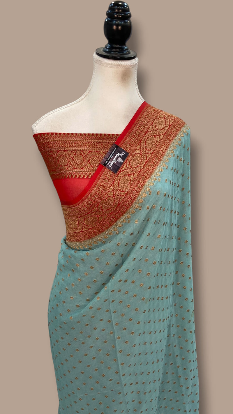 Pista Green Khadki Georgette Handloom Banarasi Saree - The Handlooms