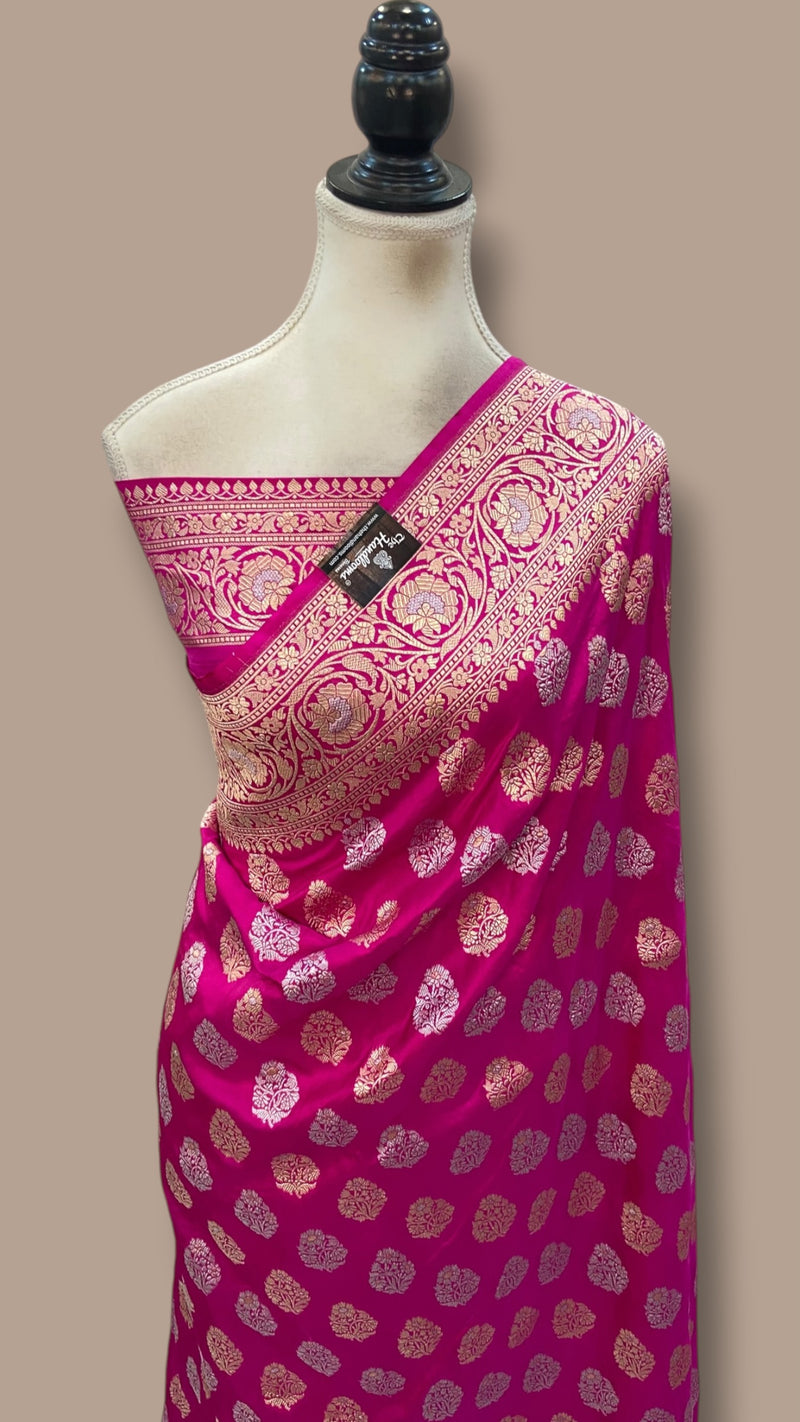 Rani Pink Pure Katan Silk Banarasi Handloom Saree - All Over Sona Roopa Work