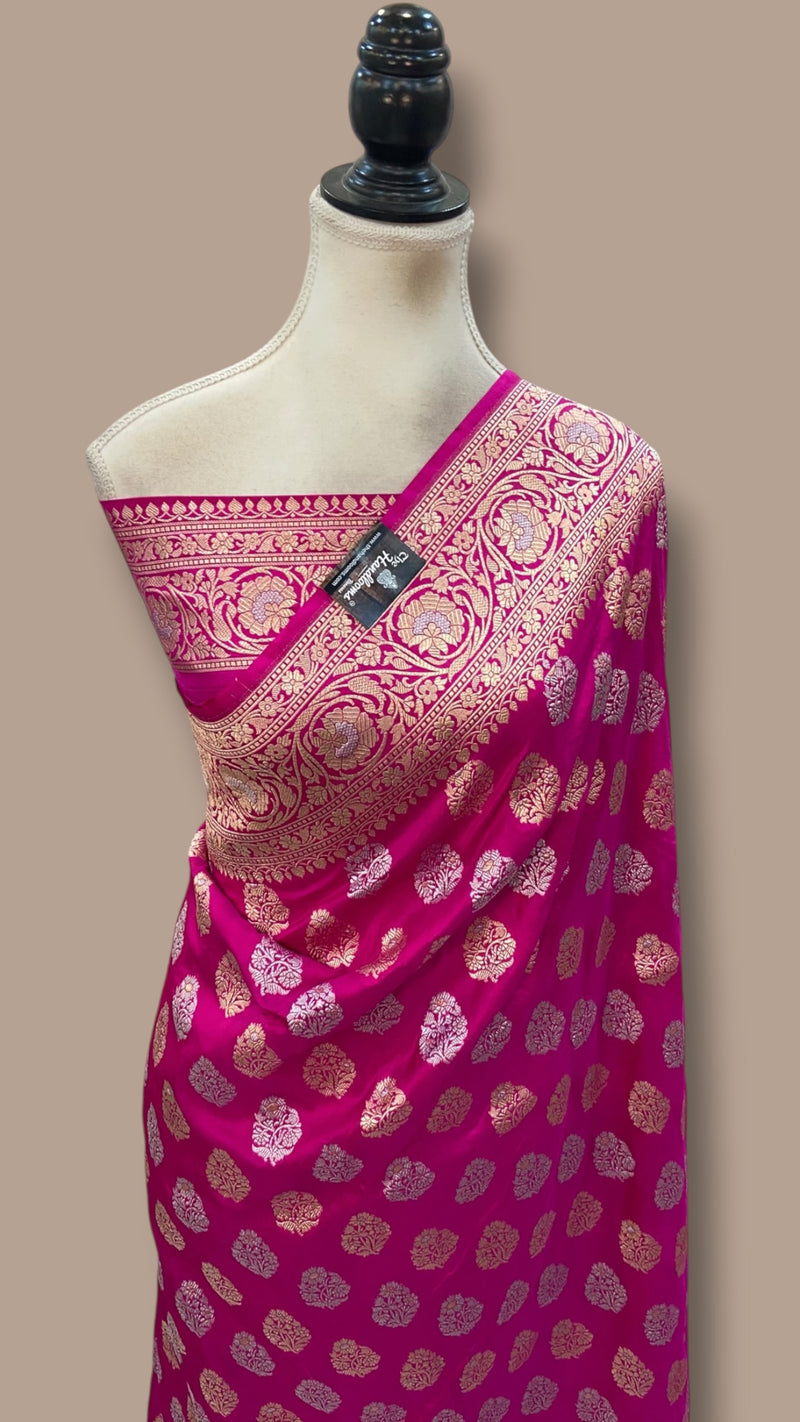 Rani Pink Pure Katan Silk Banarasi Handloom Saree - All Over Sona Roopa Work