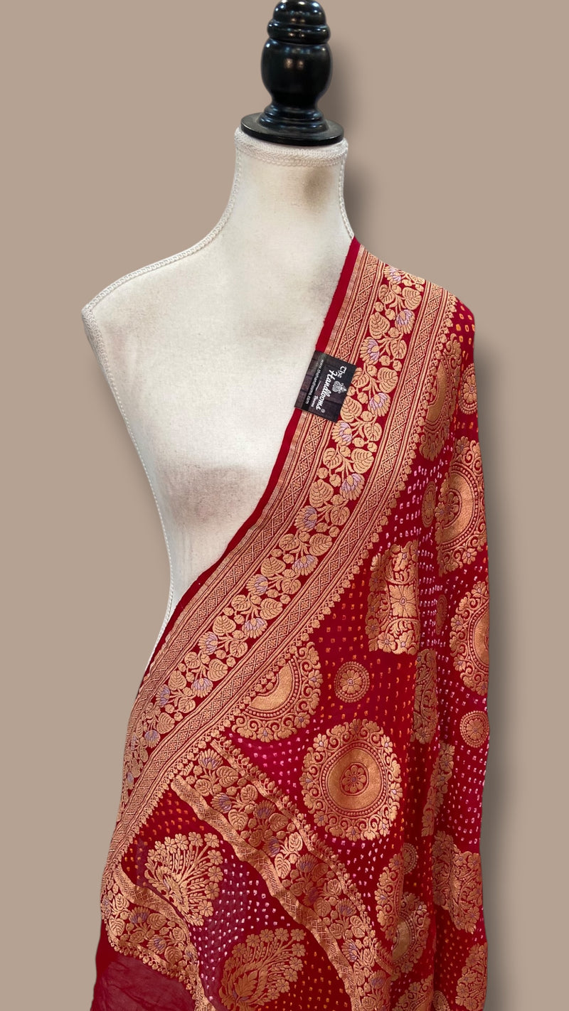 Pure Georgette Banarasi Bandhej Handloom Dupatta - All Over Sona Roopa Jaal Work - The Handlooms