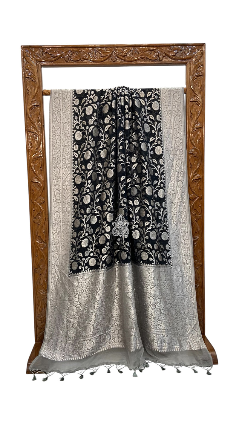 Pure Khaddi Georgette Banarasi Saree With All Silver Zari Jaal Work