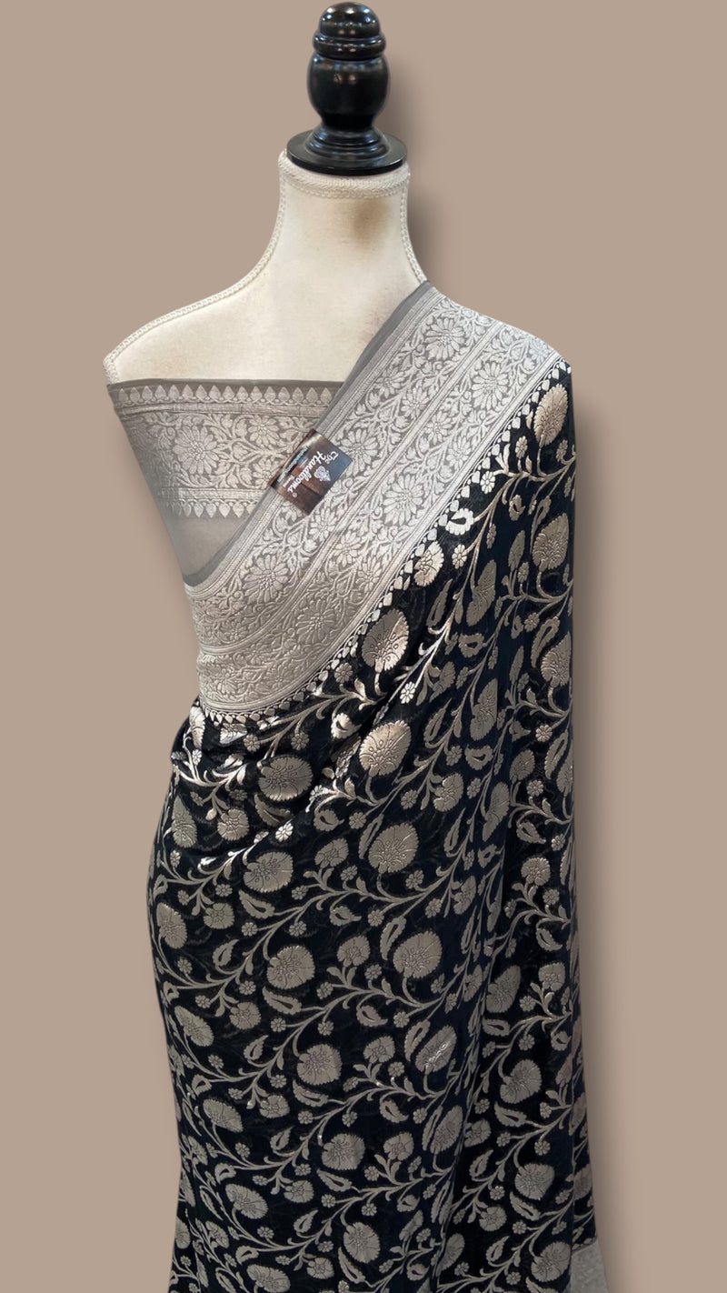 Pure Khaddi Georgette Banarasi Saree With All Silver Zari Jaal Work