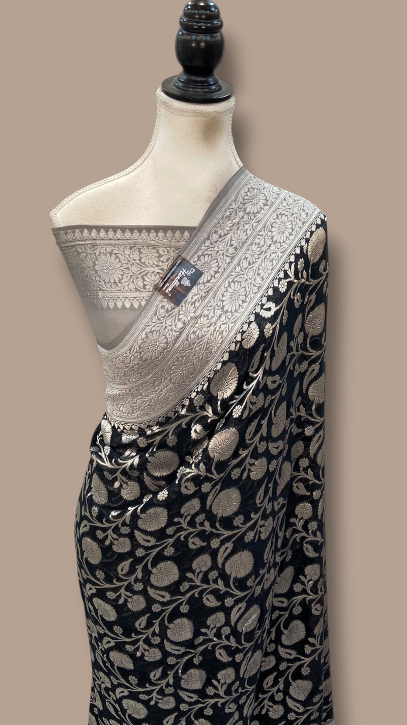 Pure Khaddi Georgette Banarasi Saree With All Silver Zari Jaal Work