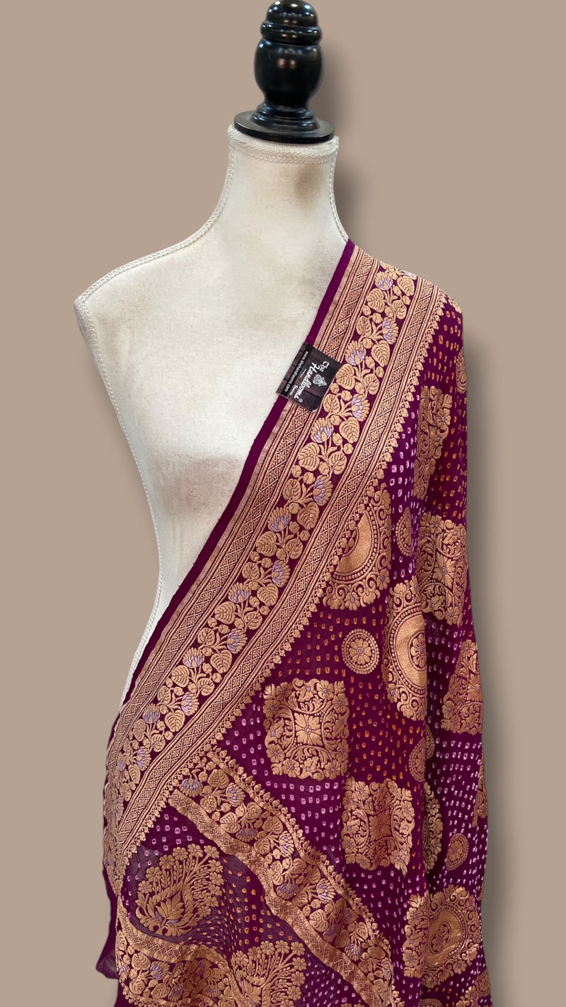 Pure Georgette Banarasi Bandhej Handloom Dupatta - All Over Sona Roopa Jaal Work - The Handlooms