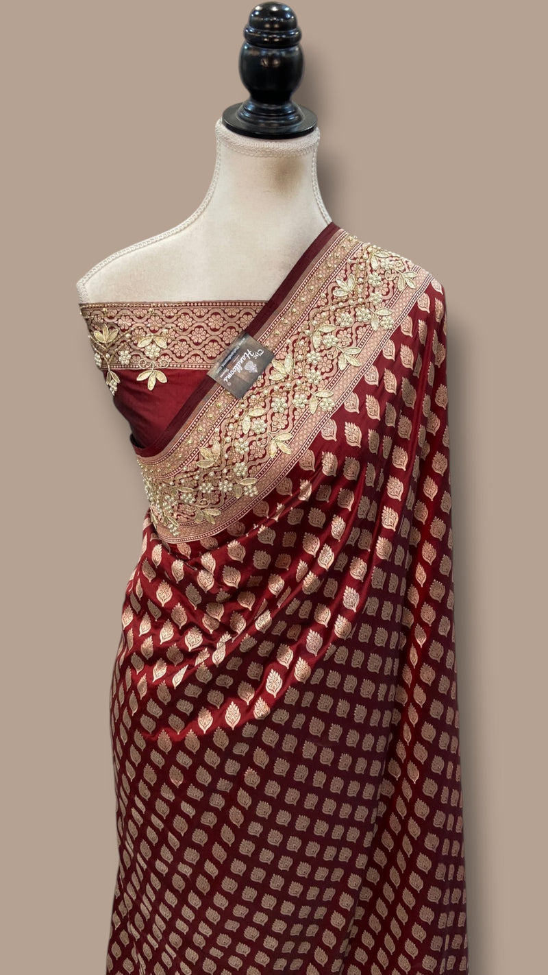 Pure Katan Silk Banarasi Handloom Saree - All Over Boota With Zardosi Handwork