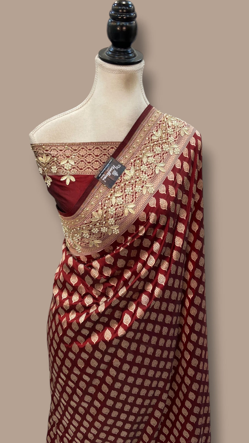 Pure Katan Silk Banarasi Handloom Saree - All Over Boota With Zardosi Handwork