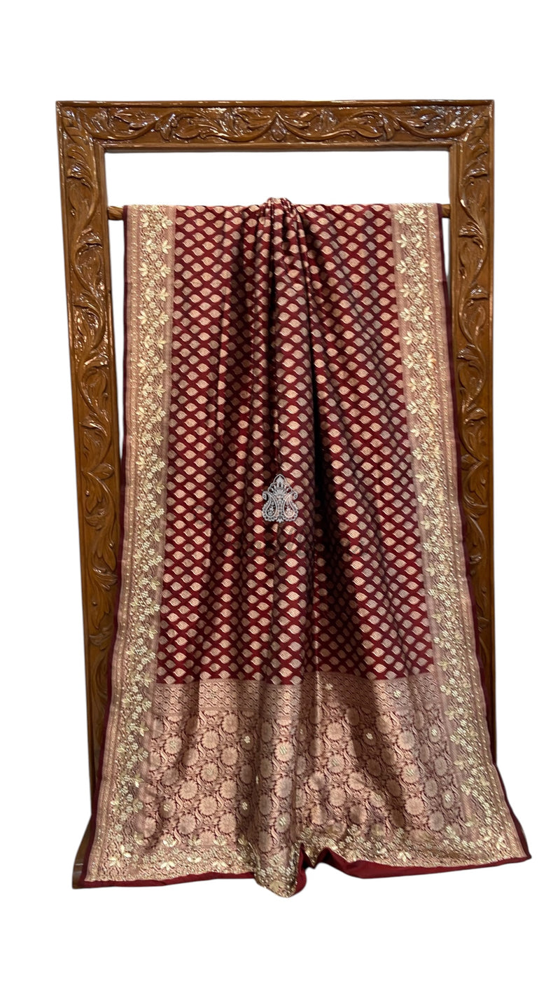 Pure Katan Silk Banarasi Handloom Saree - All Over Boota With Zardosi Handwork