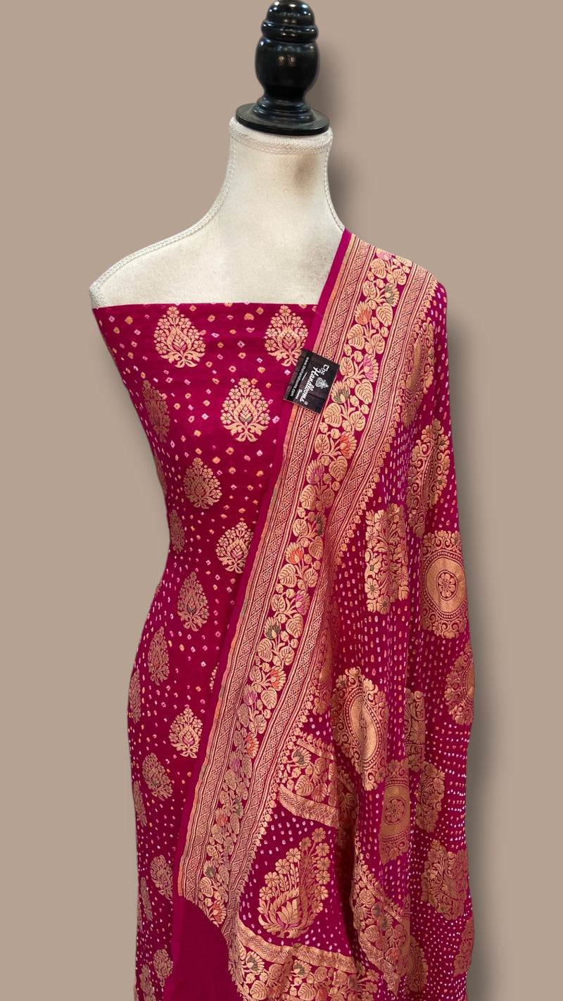 Pure Khaddi Georgette Bandhej Banarasi Dress material - The Handlooms