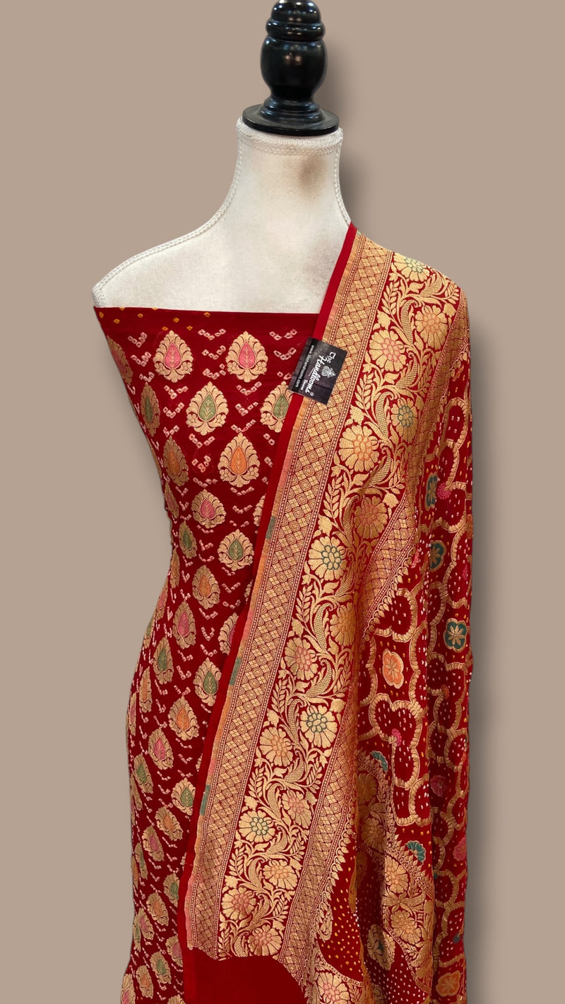 Pure Khaddi Georgette Bandhej Banarasi Dress Material - The Handlooms