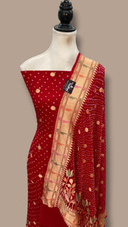 Pure Khaddi Georgette Bandhej Banarasi Dress Material - The Handlooms