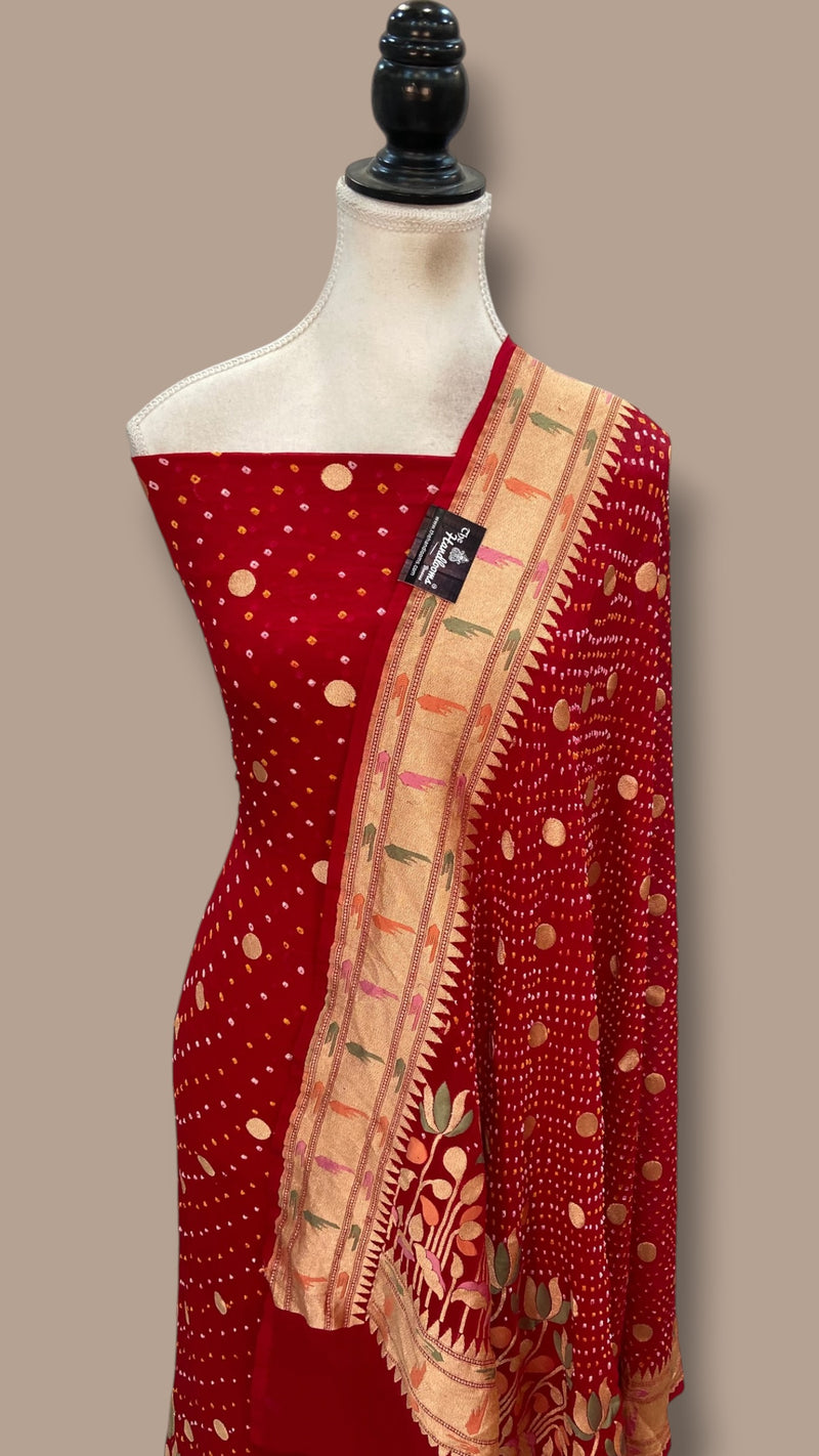 Pure Khaddi Georgette Bandhej Banarasi Dress Material - The Handlooms