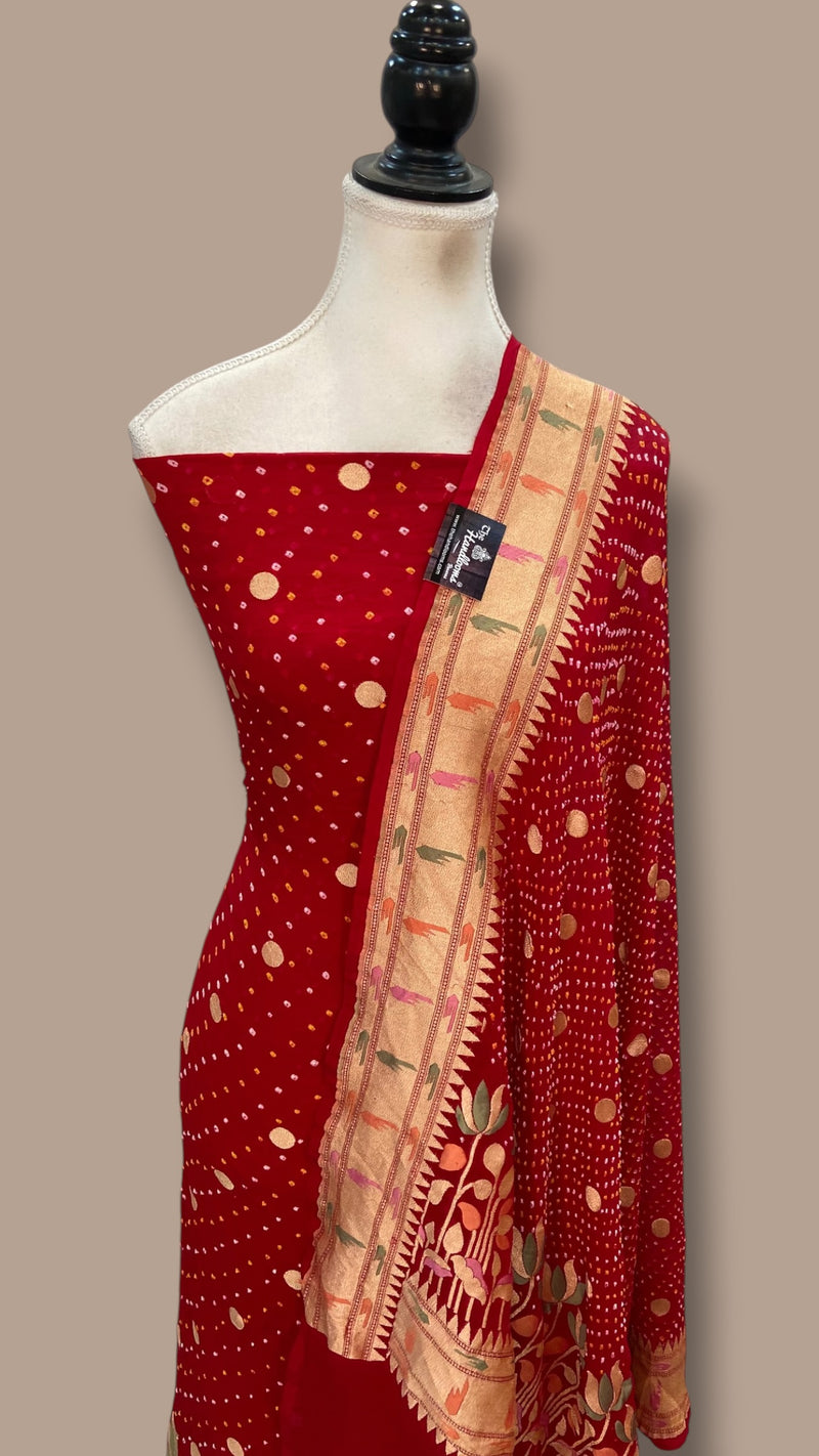 Pure Khaddi Georgette Bandhej Banarasi Dress Material - The Handlooms